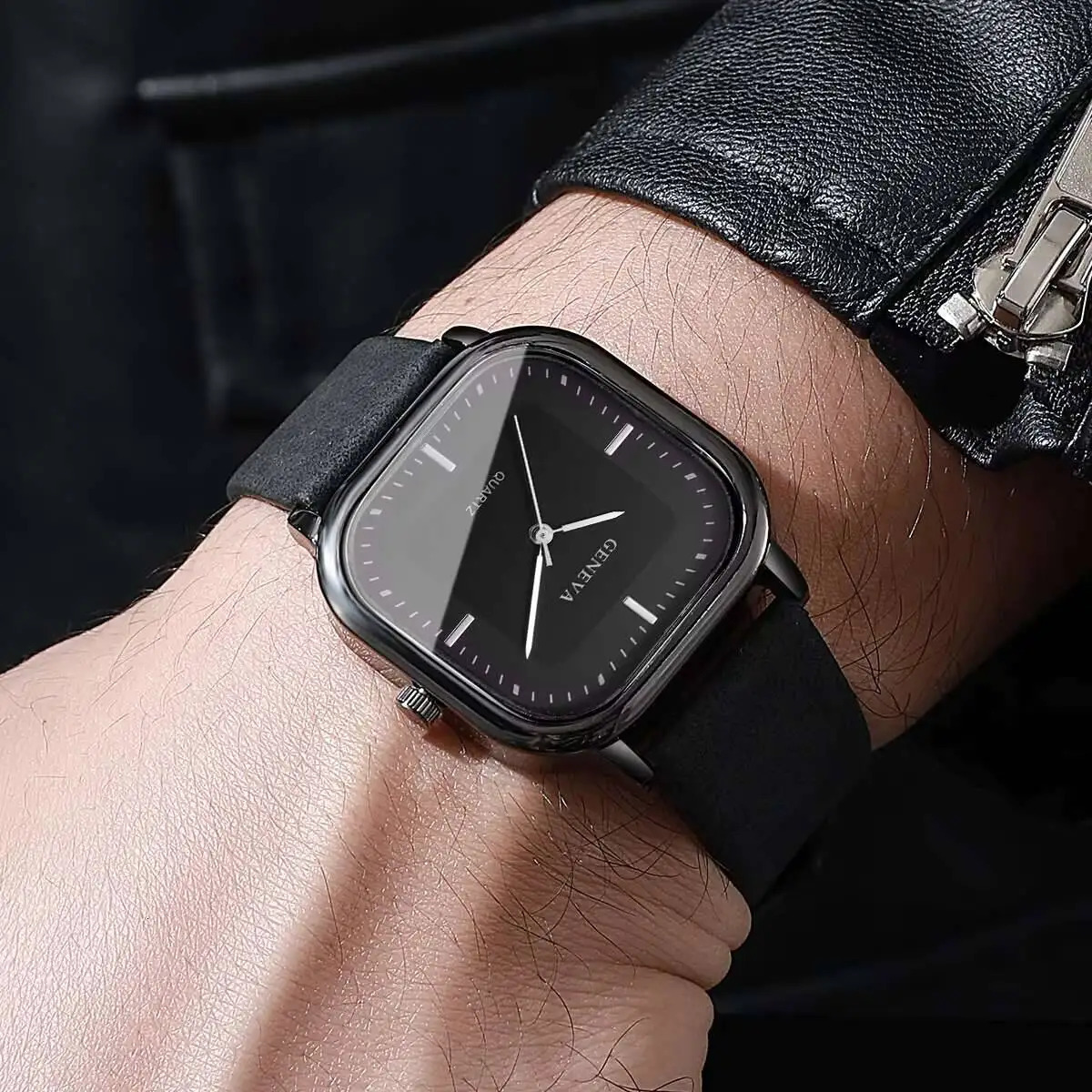 Fashion Square Men's Quartz Watch Japan Korean Style, Black Leather Strap, Numberless Dial, Repeater Feature, 10mm Case Diameter - view 4