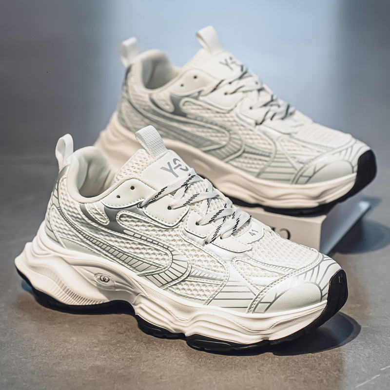 Mens Silver Grey Chunky Dad Shoes Breathable Mesh Platform Casual Sneakers