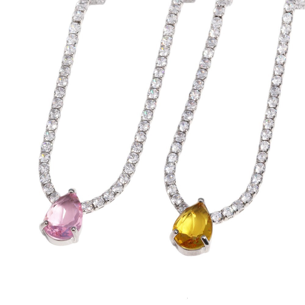 Vintage 18K Gold Pink Love Heart Diamond Pendant Necklace Fashion Water Drop Heart Tennis Chain Necklace Bling Full Crystal Choker Jewelry Accessory F