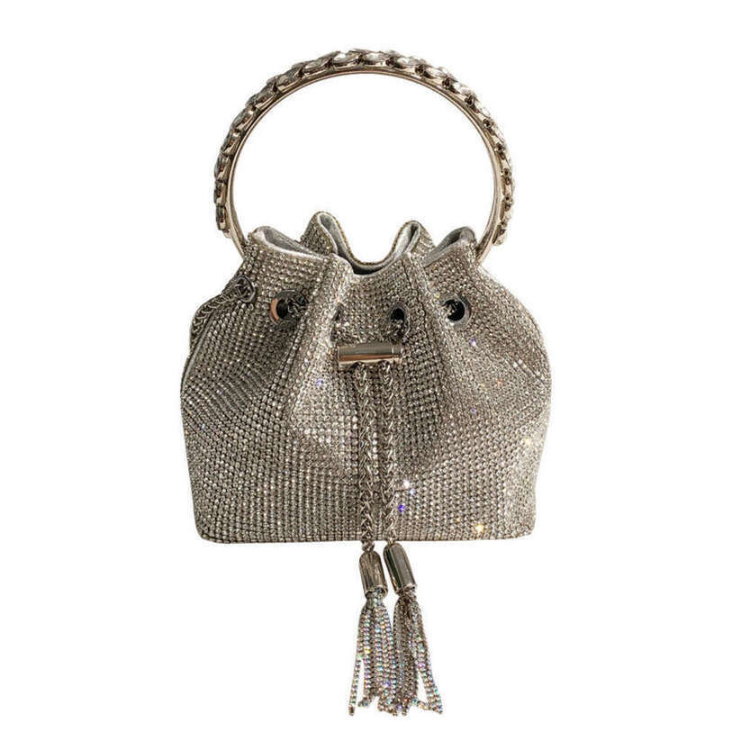 OLOEY Tassel Pearl Rhinestone Bucket Clutch, Handmade Pink Silver Metallic Sequin Shiny Evening Handbag Diamond Bag