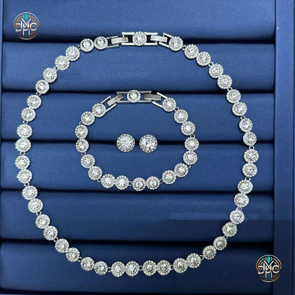 women's set bracelet earrings designer crystal single diamond button necklace collarbone chain circular jewelry gift for girls