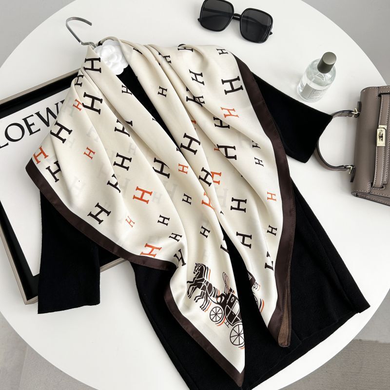 Hot Sale New Korean Ins Style Big Brand Printed Letters High-end Imitation Women's Twill Silk Scarf - view 3