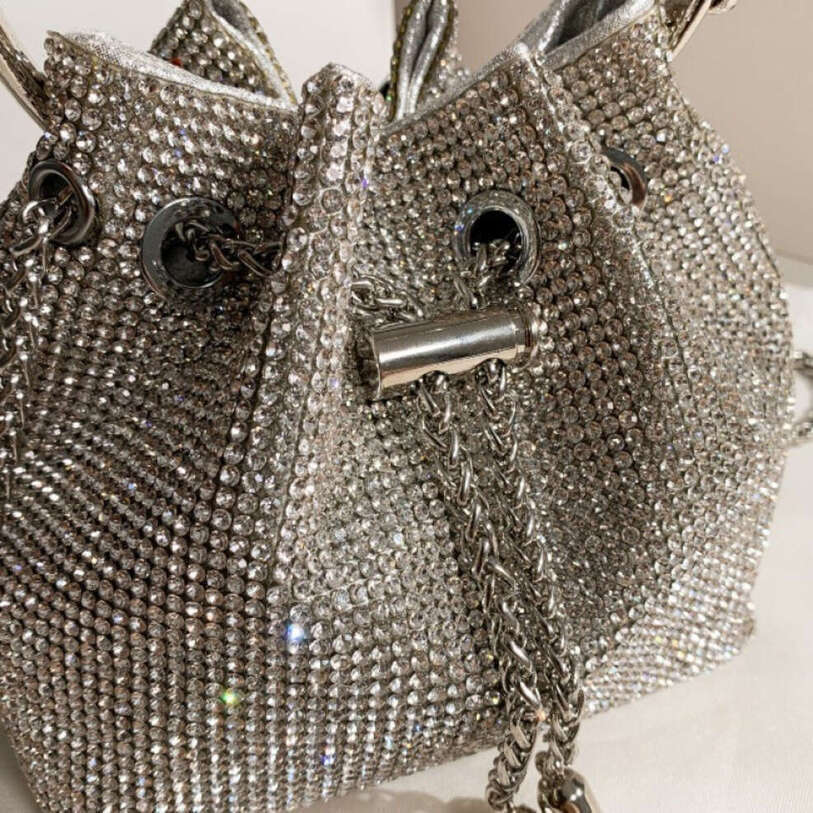 OLOEY Tassel Pearl Rhinestone Bucket Clutch, Handmade Pink Silver Metallic Sequin Shiny Evening Handbag Diamond Bag