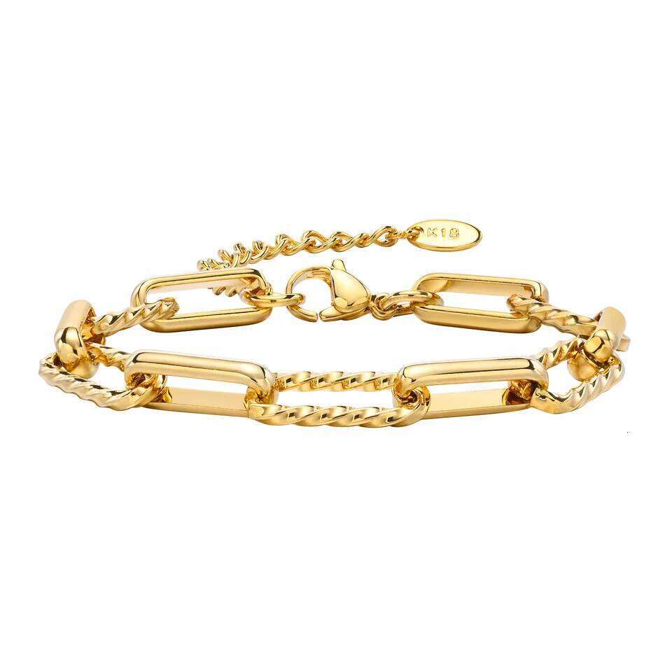 Women Stainless Steel Chain Bracelet,18K Gold Plated Twist Paperclip Adjustable Link Bracelet,Chunky Stackable Layered Jewelry