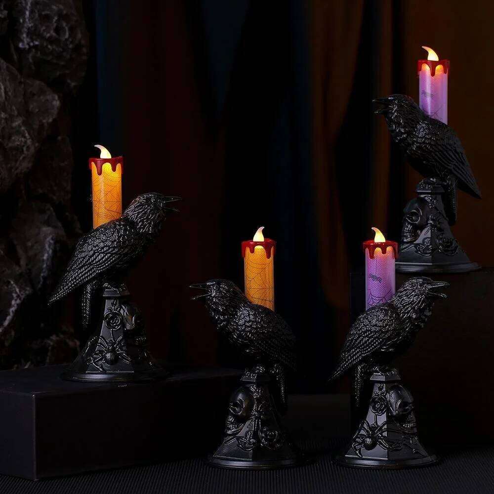Creative Evil Black Crow Statue Glowing Candlestick LED Candles Lights Halloween Home Decorations Table Lamp Scary Ornaments Y260131
