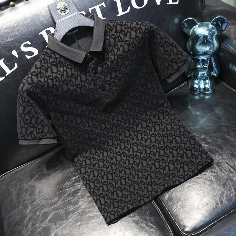 2026 New Versatile lapel short-sleeved polo shirt men's summer flocked print slim business half-sleeve polo shirt