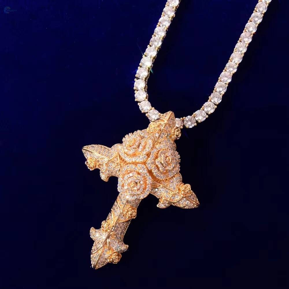 Luxury Christian Jewelry Moissanite Jesus Crucifix Pendant Full Iced Out Cross With Flower Design Pendant Hip Hop Pendant