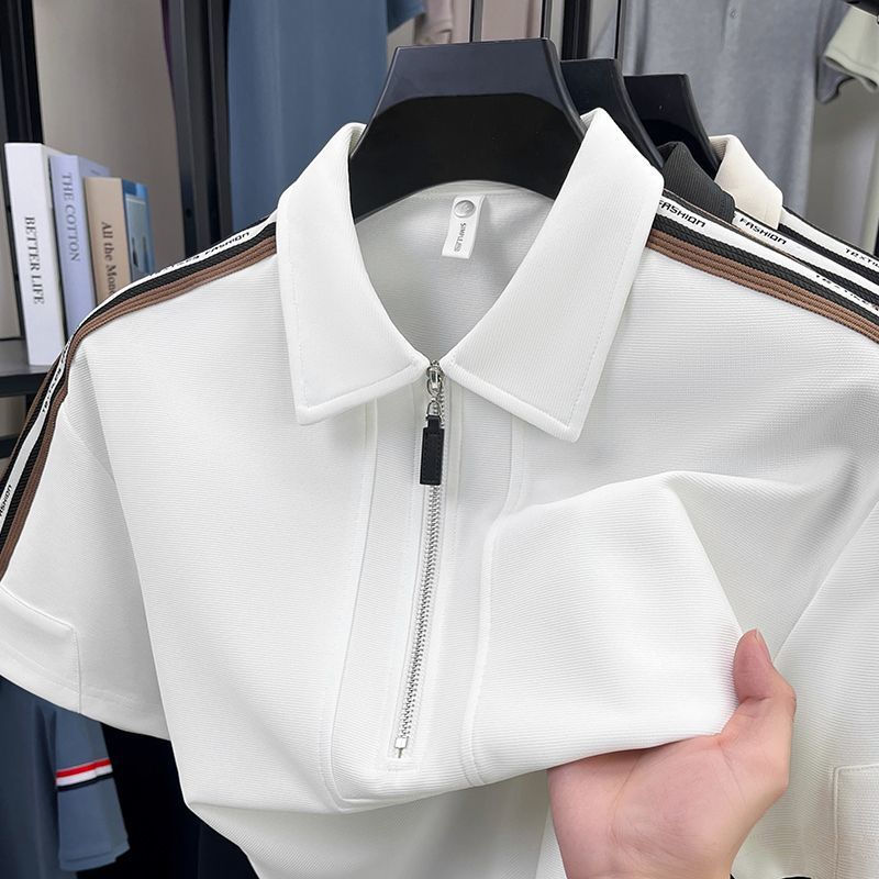 New Summer light mature men's half-zipper color-blocked striped short-sleeved polo shirt men's loose lapel polo shirt