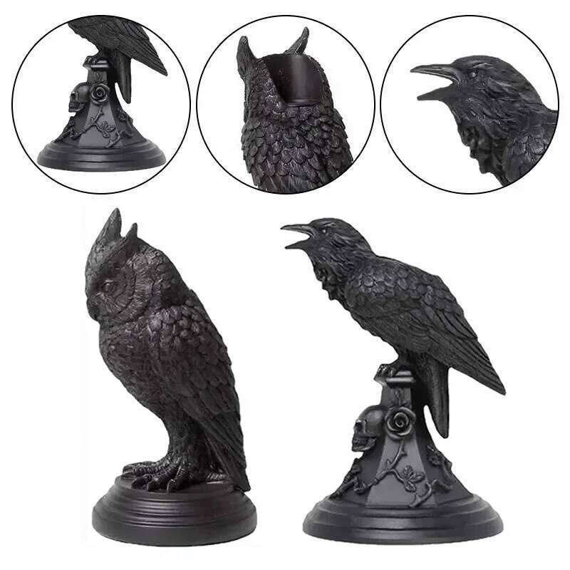 Gothic Crow Candle Holder Retro Black Owl Candlestick Resin Sculpture Craft Halloween Statue Fun Atmosphere Home Decoration Y260131