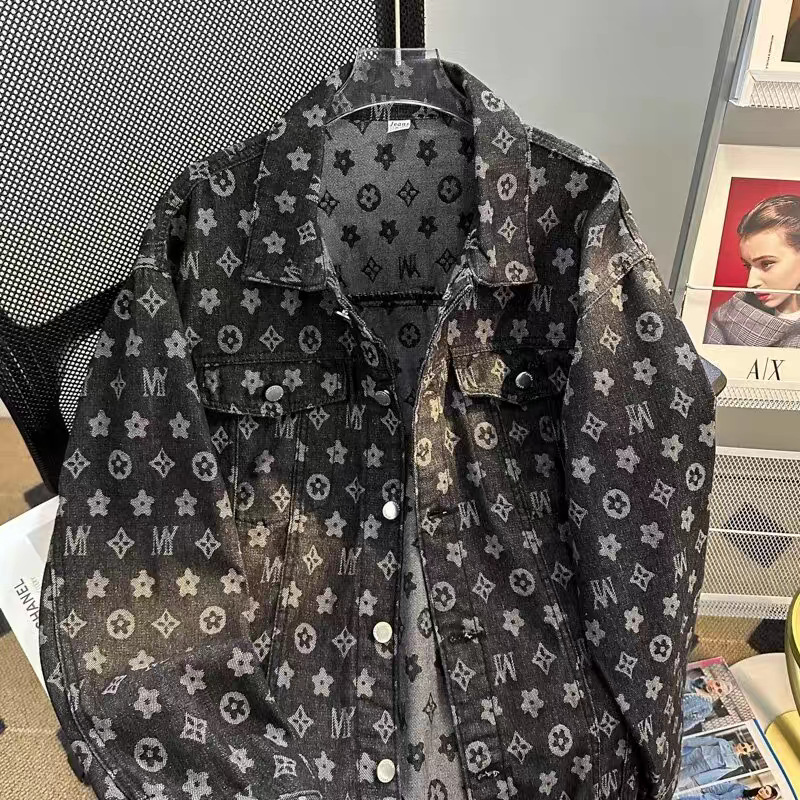 2026 Men's American Vintage Jacquard Denim Jacket, Retro Pattern Casual Coat, Relaxed Fit Spring & Autumn Outerwear