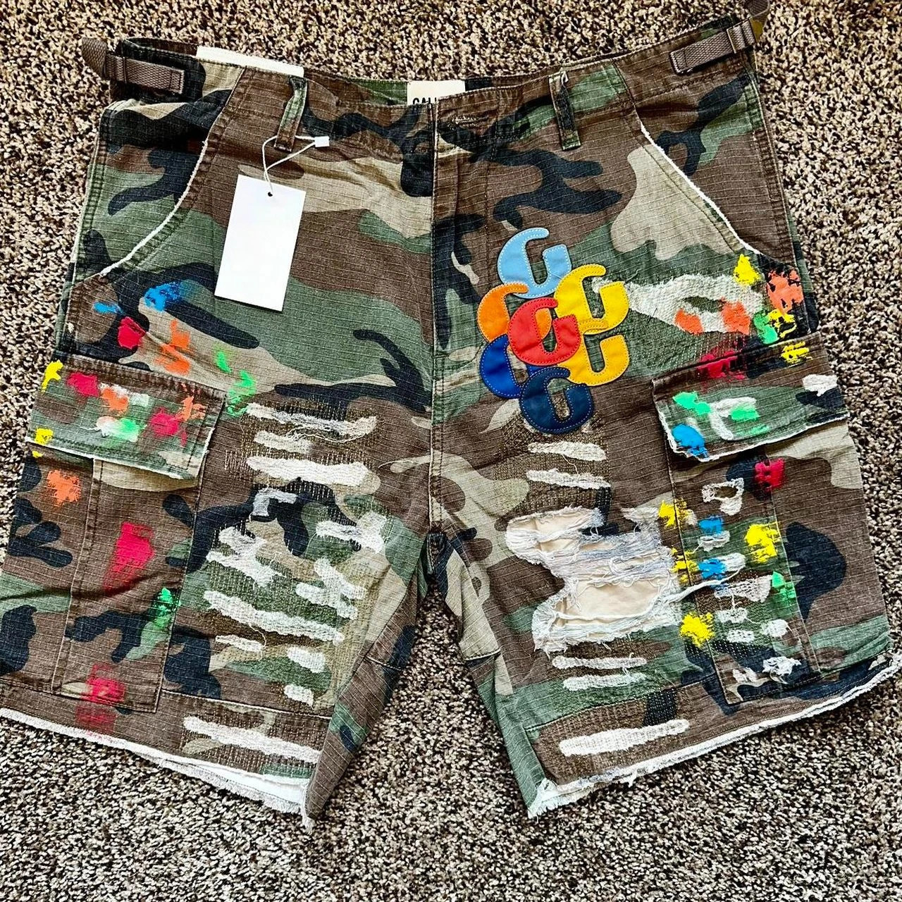 Retro Camouflage Cargo Denim Shorts Y2K Jeans Mens Pocket Embroidery Baggy Low Waist Over The Knee Pants Casual 260126