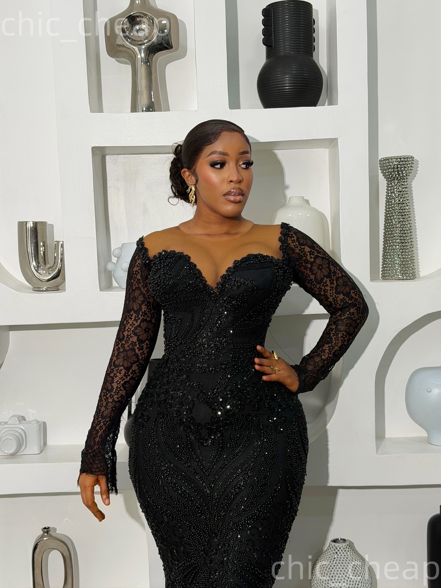 Aso Ebi Black Mermaid Prom Dresses 2026 Sheer Neck Lace Full Sleeves Sequined Evening Formal Party Second Birthday Engagement Gowns Dress For Special 