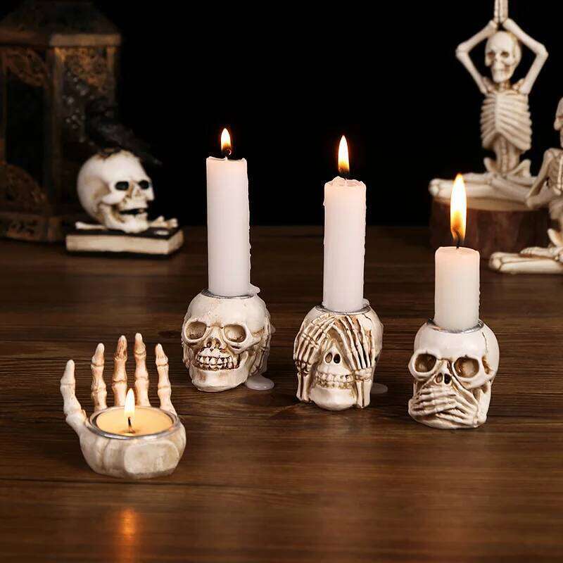 Skull Candle Holder Resin Candlestick Ornament Halloween Party Home Desktop Decoration Gift Haunted House Horror Props Y260131