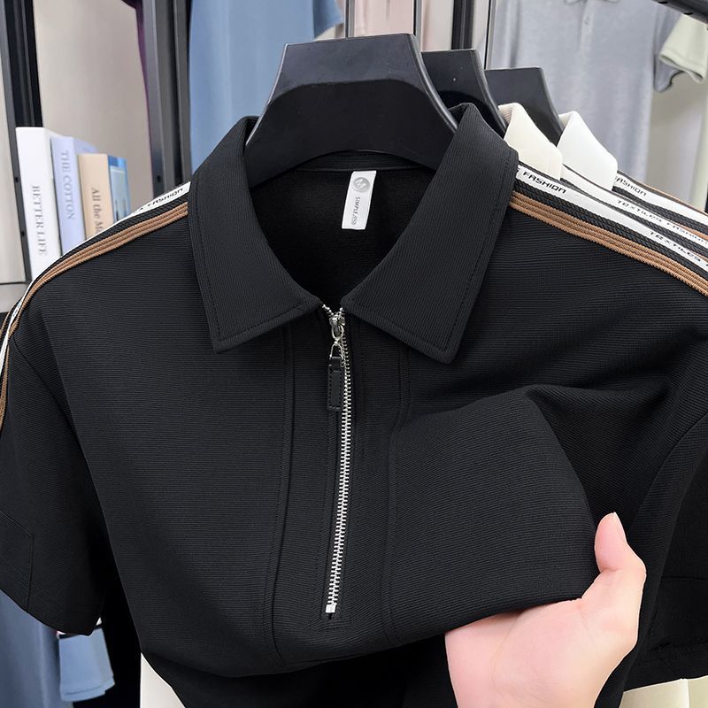 New Summer light mature men's half-zipper color-blocked striped short-sleeved polo shirt men's loose lapel polo shirt