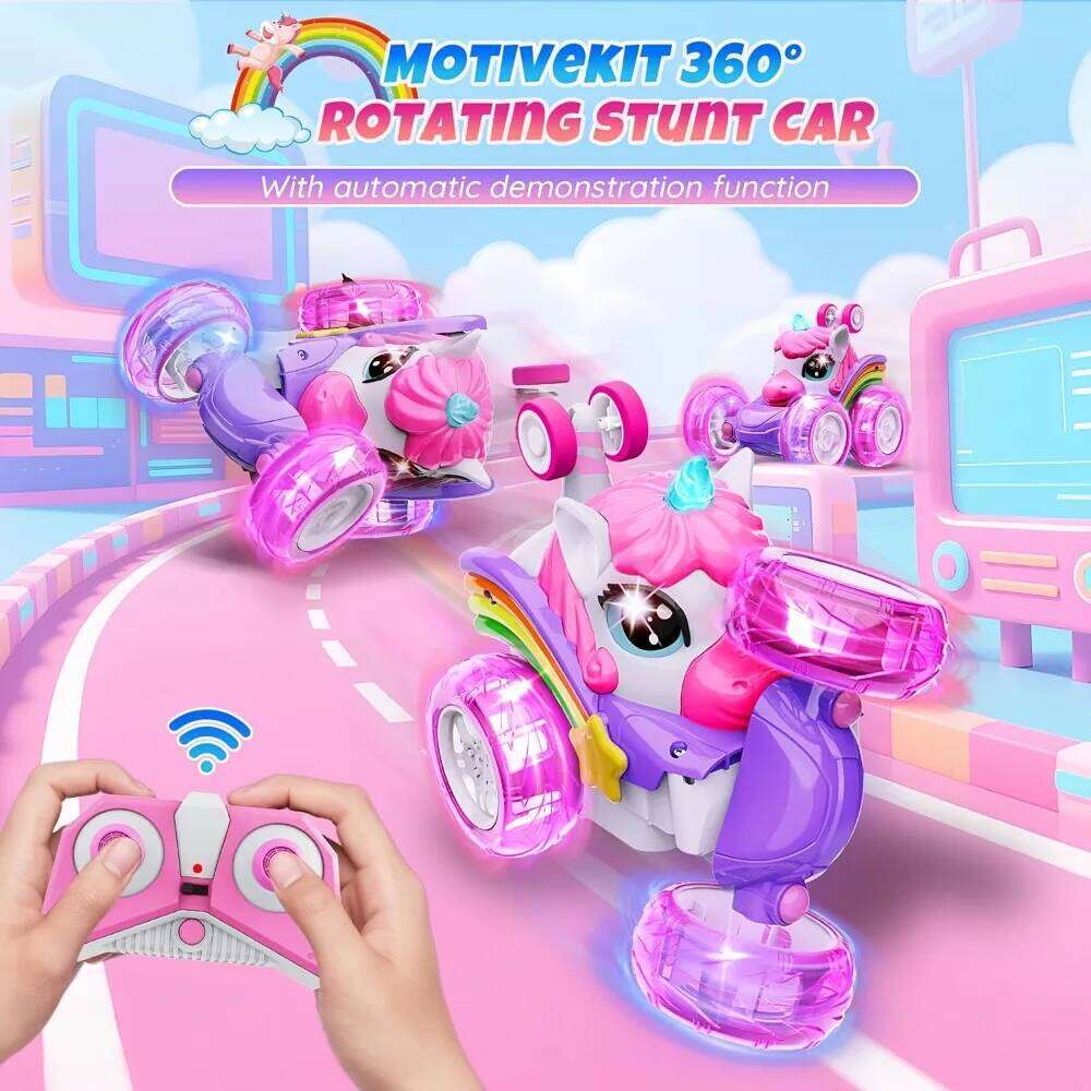 Remote Control Car Girls, Unicorn 360 Rotating 4WD Stunt RC Cars with Cute Lights, Rechargeable Toys-Kid for Birthday Gifts Y260131