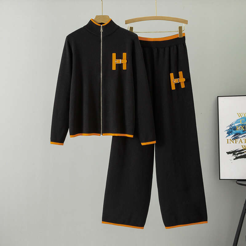 Cross-Border Foreign Trade Straight-Leg Wide-Leg Pants Casual Fashion Two-Piece Set Women's Autumn New Knitted Zipper Cardigan Suit