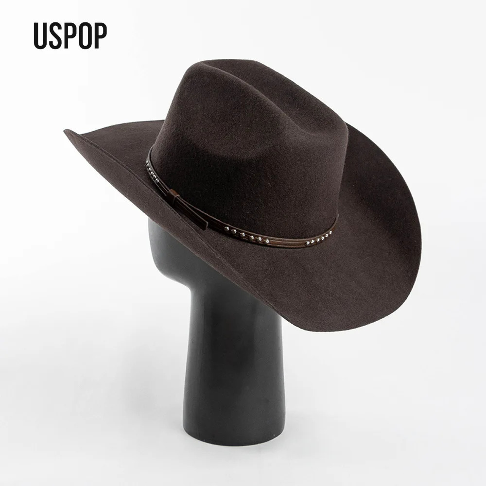 USPOP Autumn Winter Western Cowboy Hat Unisex Casual Studded Wool Felt Hat with Belt Large Size Fedora Available in Sizes S-XL 260120