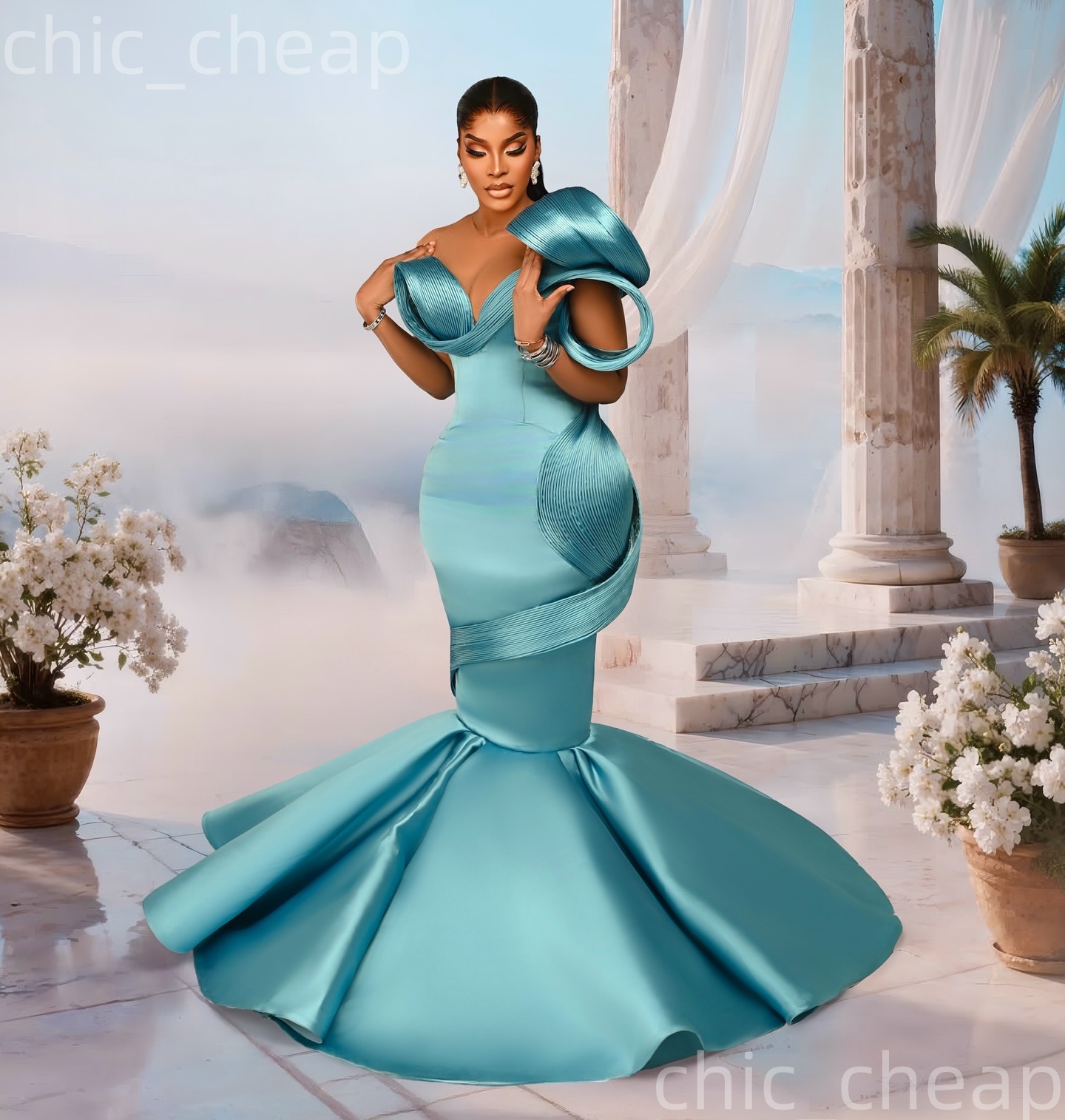 Aso Ebi Sky Blue Mermaid Prom Dresses 2026 Sheer Neck Satin Stylish Sleeveless Evening Formal Party Second Birthday Engagement Gowns Dress For Special