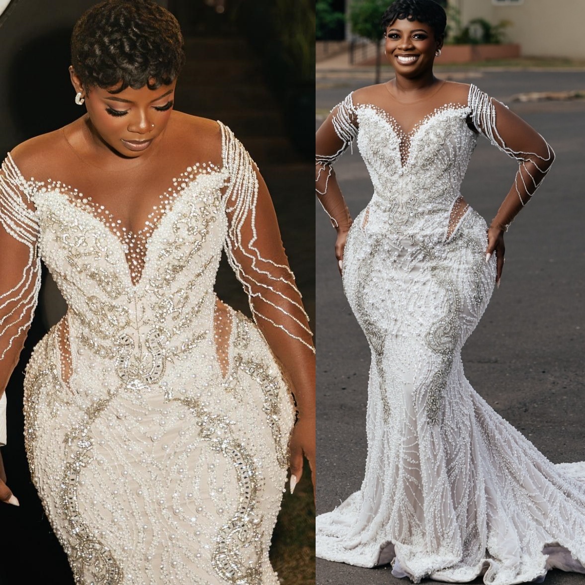 African Aso Ebi 2026 Ivory Mermaid Wedding Dress Pearls Crystals Lace Beaded Sheer Neck Full Sleeves Vintage Charming Bridal Gowns Dresses ZJ268