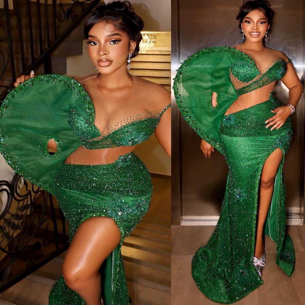 Aso Ebi Green Mermaid Prom Dresses 2026 High Split Beaded Crystals Sequined Evening Formal Party Second Birthday Engagement Gowns Dress For Special Oc