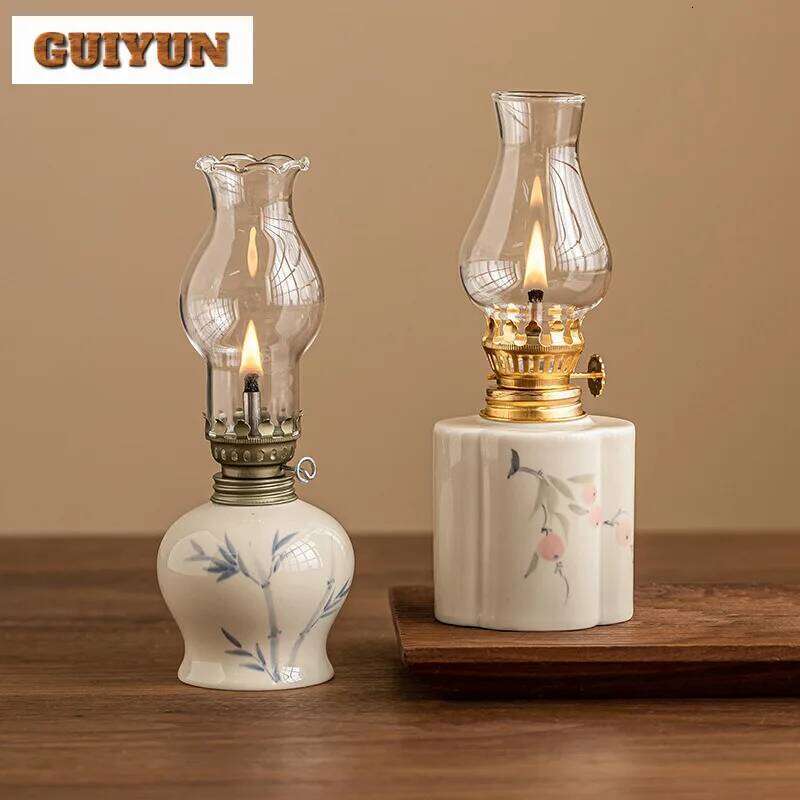 Hand Drawn Flowers Kerosene Lamps Holder Candle Stick Antique Style Oil Lamp Indoor Light Home Decoration Y260131