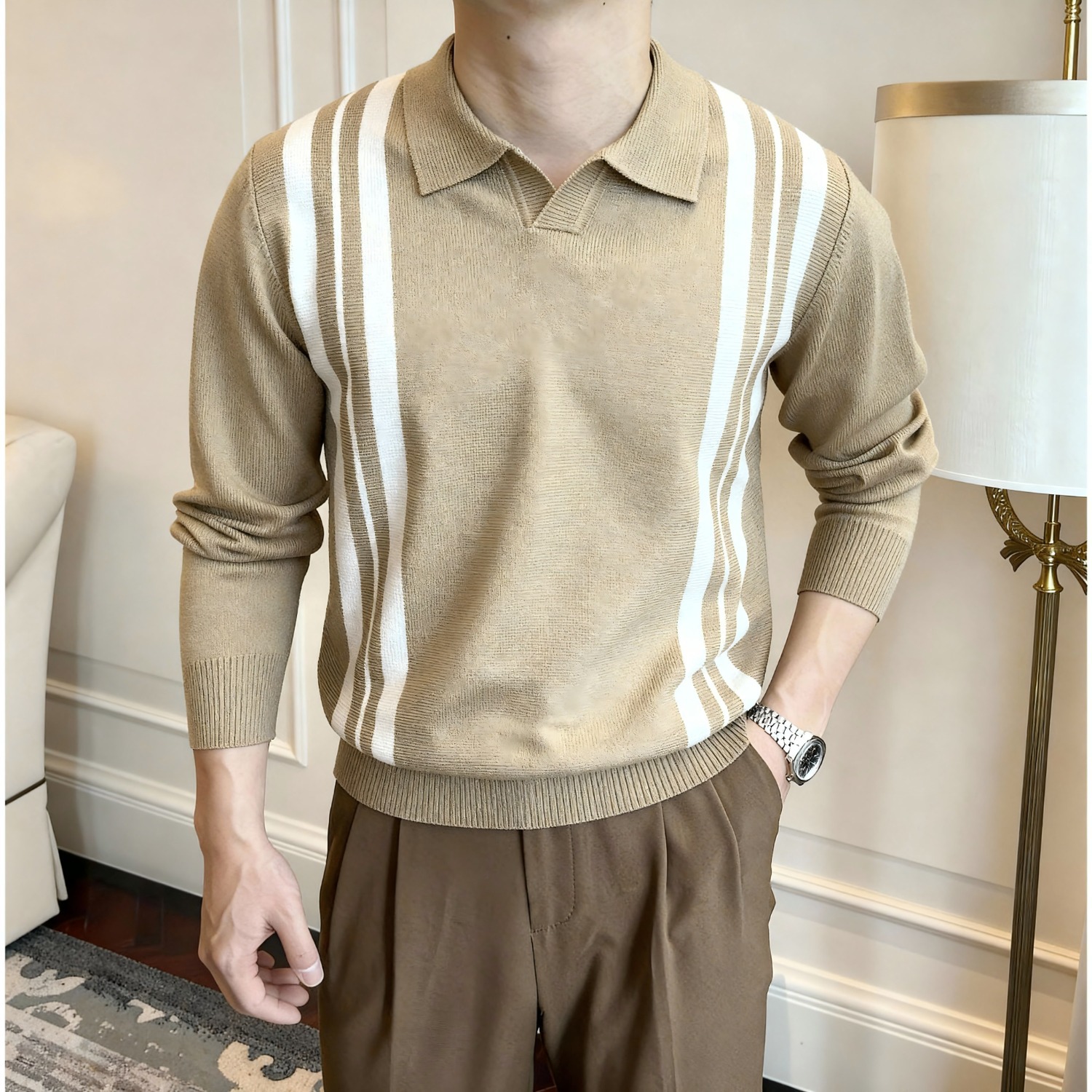 Fall and Winter New Sweater Men's British Vintage Stripe Contrast Slim Knit Top Business Casual Shirt White