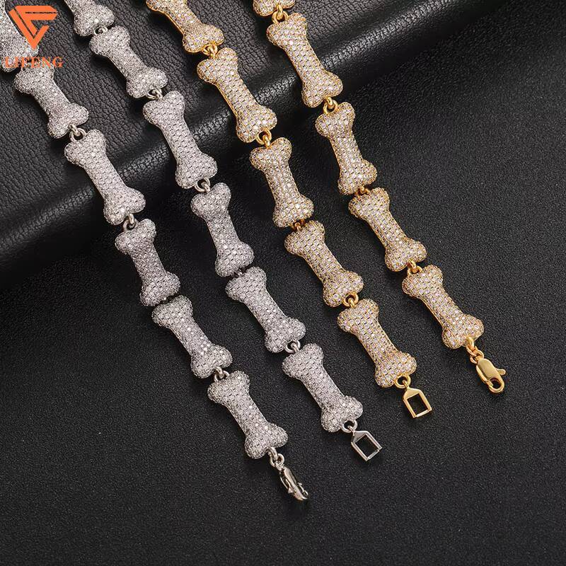 Hot Sales Fashion Jewelry 10mm Width 925 Silver Iced Out VVS Moissanite Cute Dog Bone Shaped Bling Thin Cuban Chain Bracelet Men