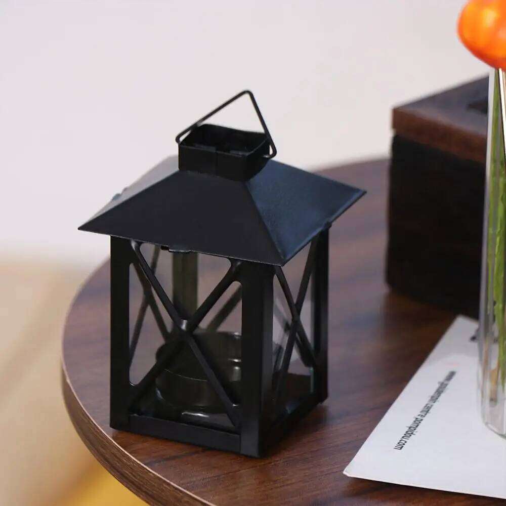 Elegant Black European Holder Handmade Stable Iron Wind Lamp Exquisite Outdoor Candle Lantern Table Y260131