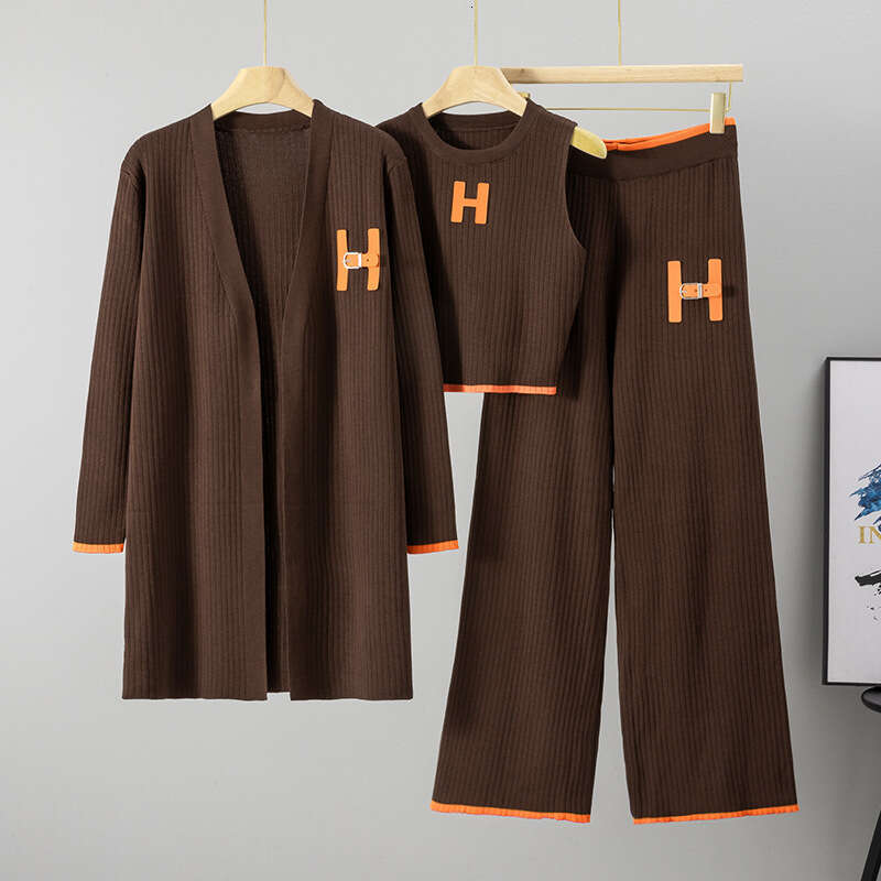 Cross-Border Foreign Trade Women's Knitted Long Cardigan Vest Wide-Leg Pants Three-Piece Set Casual Fashion Suit For Women Autumn Winter New Styl