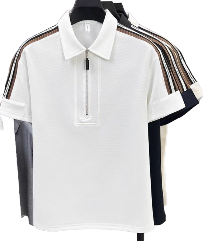 Summer light mature men's half-zipper color-blocked striped short-sleeved polo shirt men's loose lapel polo shirt
