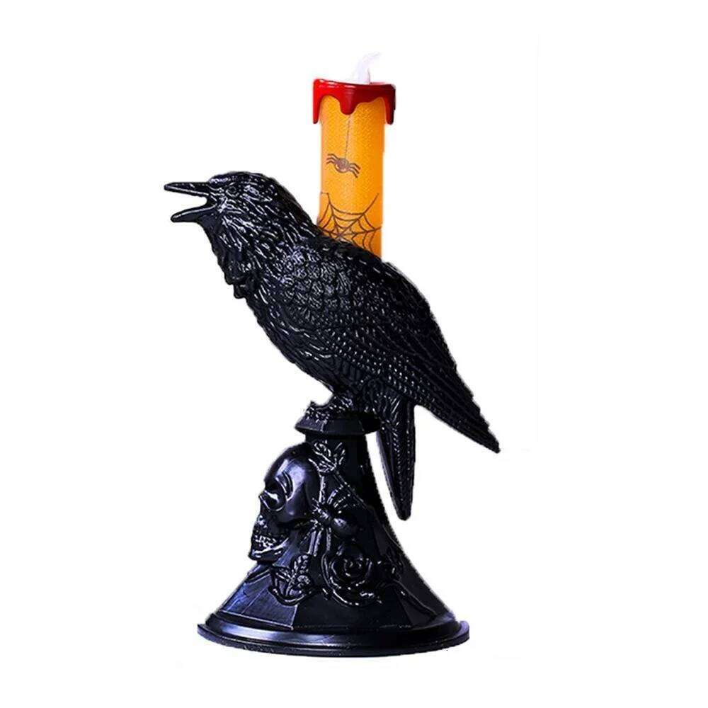 Creative Evil Black Crow Statue Glowing Candlestick LED Candles Lights Halloween Home Decorations Table Lamp Scary Ornaments Y260131