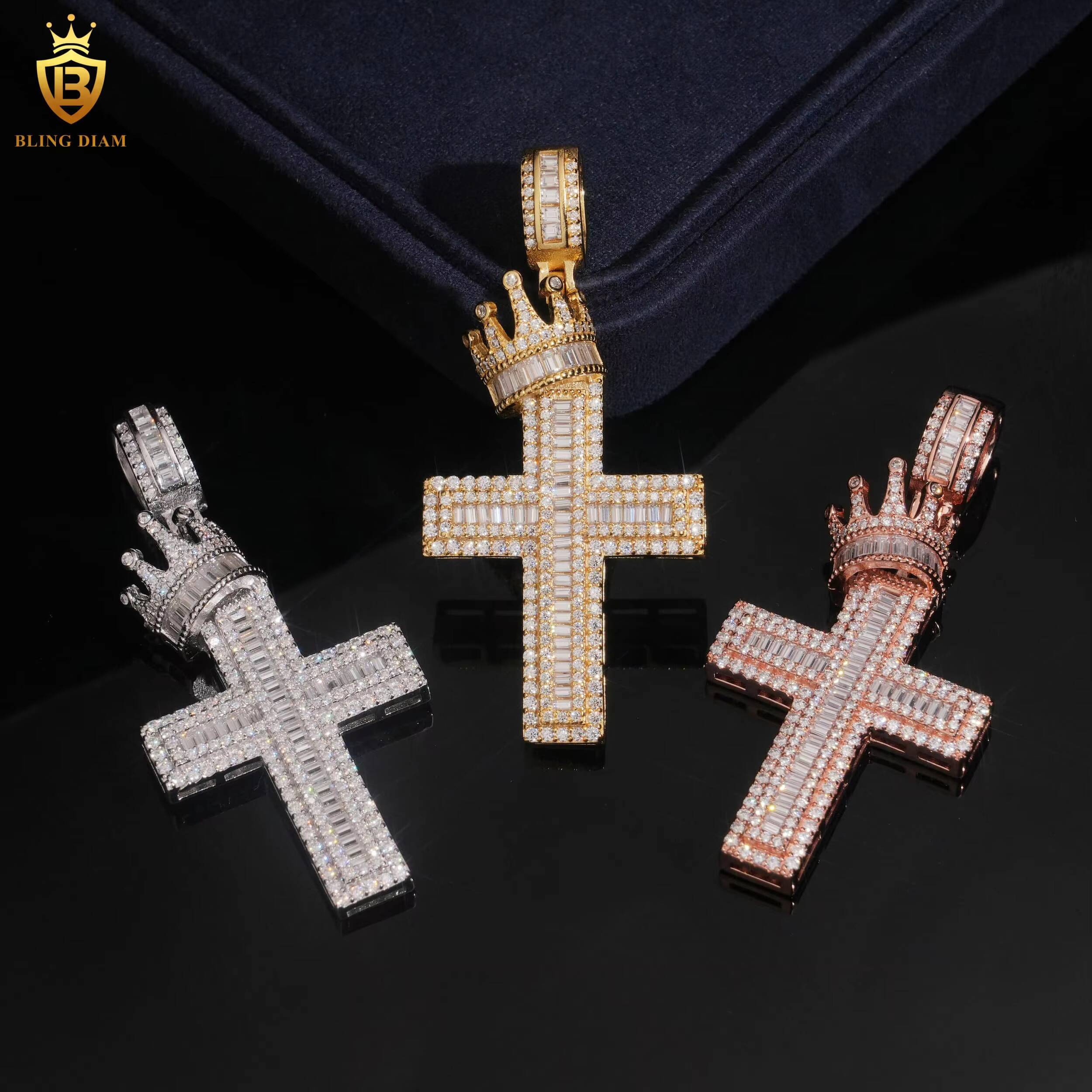 Cross Pendant Moissanite Charms 925 Silver Iced Out Baguette Cut Moissanite GRA Moissanite Pendant Men Fine Pendant Necklaces