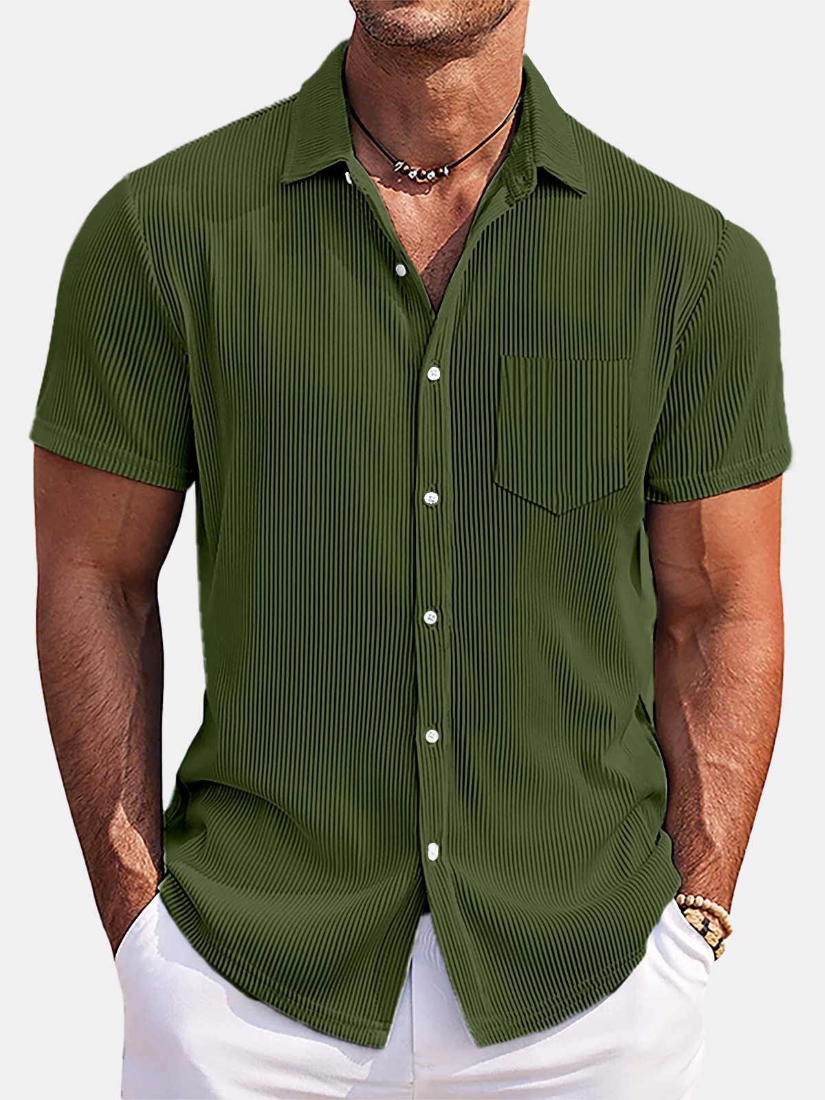 2026 New Men's comfortable and versatile vertical striped cotton and linen shirt short sleeve high-end loose cardigan men's clothing