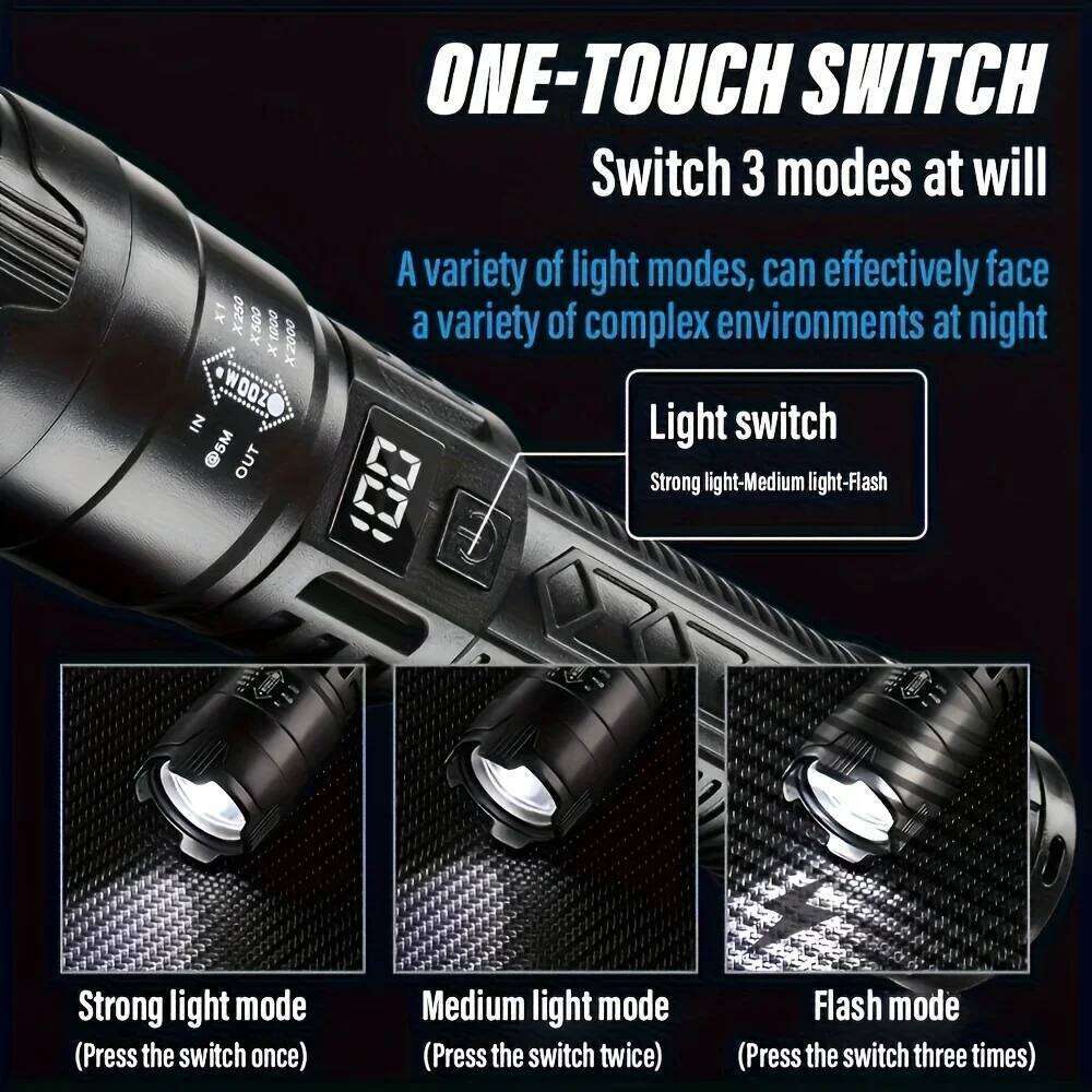 1000LM Ultra Bright LED Flashlight Type-C Rechargeable Long Range Zoom Tactical Torch Outdoor Emergency Camping Fishing Lantern H260131