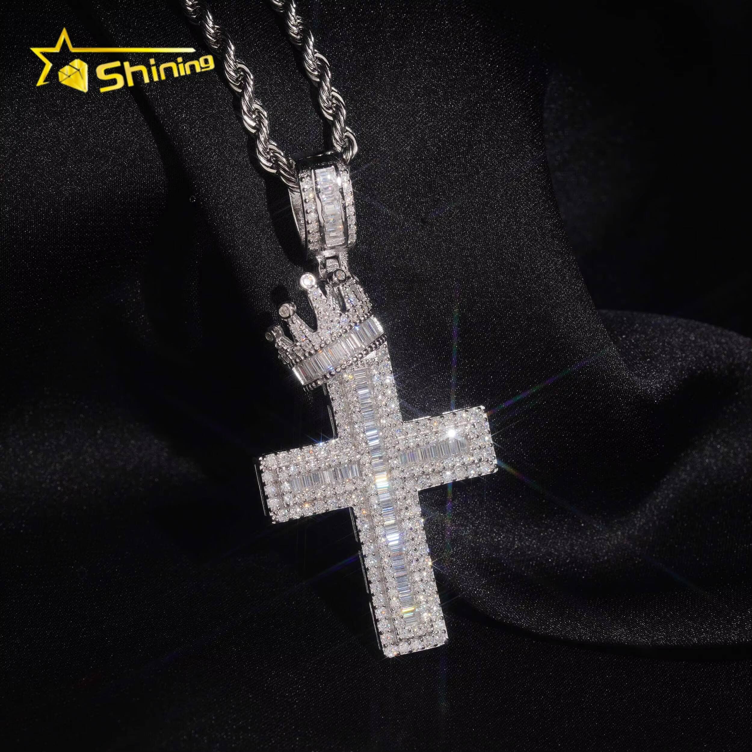 USA Local Stock Fast Shipping Cross Charm Rose Gold Plated 925 Sterling Silver Baguette Moissanite Hip Hop Iced Out Pendant