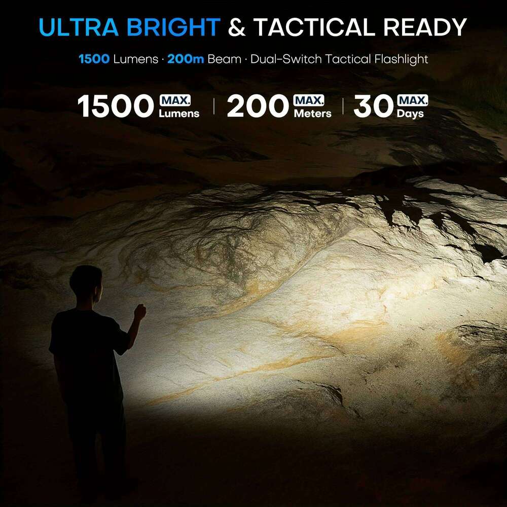 Rechargeable 1500 Lumen Flat Flashlights EDC Tactical Flashlight,Dual-Switches LED Small Flashlight with Digital Display,Stainle H260131