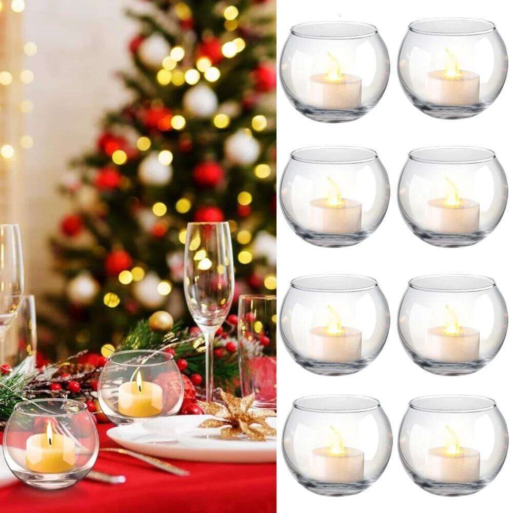 6Pcs Round Votive Holders Glass Tealight Candle Holder Cup with LED Candles for Valentine's Day, Birthday Wedding Decor Y260131