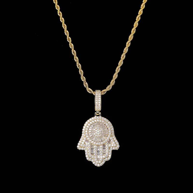 Luxury Jewelry Bling 3A Cz Stone 925 Sterling Silver Gold Plated Hamsa Hand of Fatima Pendant