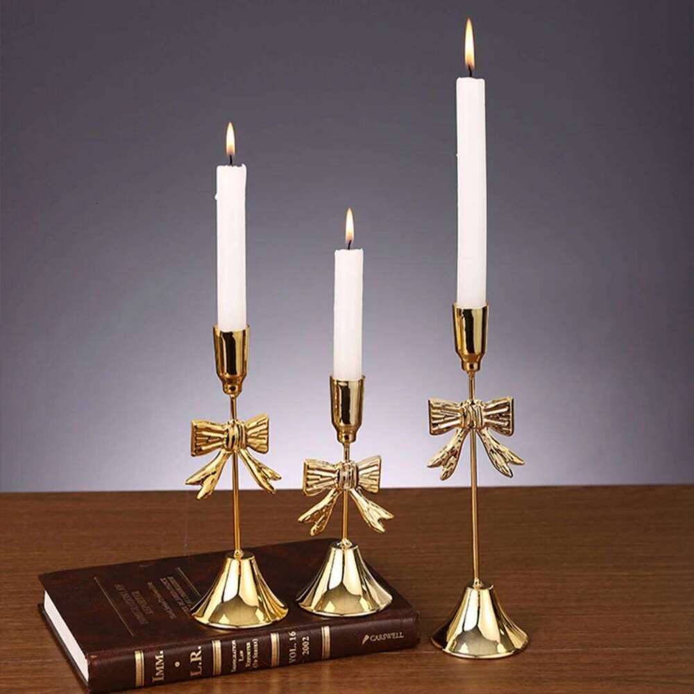Table Decor Intricate Christmas Festive Bow Candlestick Golden Light Luxury Candle Holder Y260131