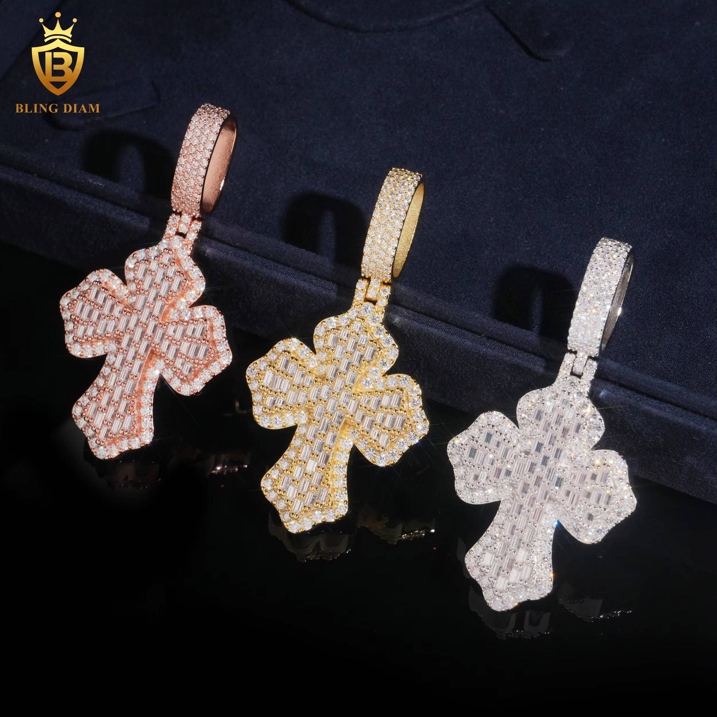 Luxury Jewelry Rose Gold Moissanite Pendant Hip Hop Pastes Diamond Tester 925 Sterling Silver Baguette Cut Cross Diamond