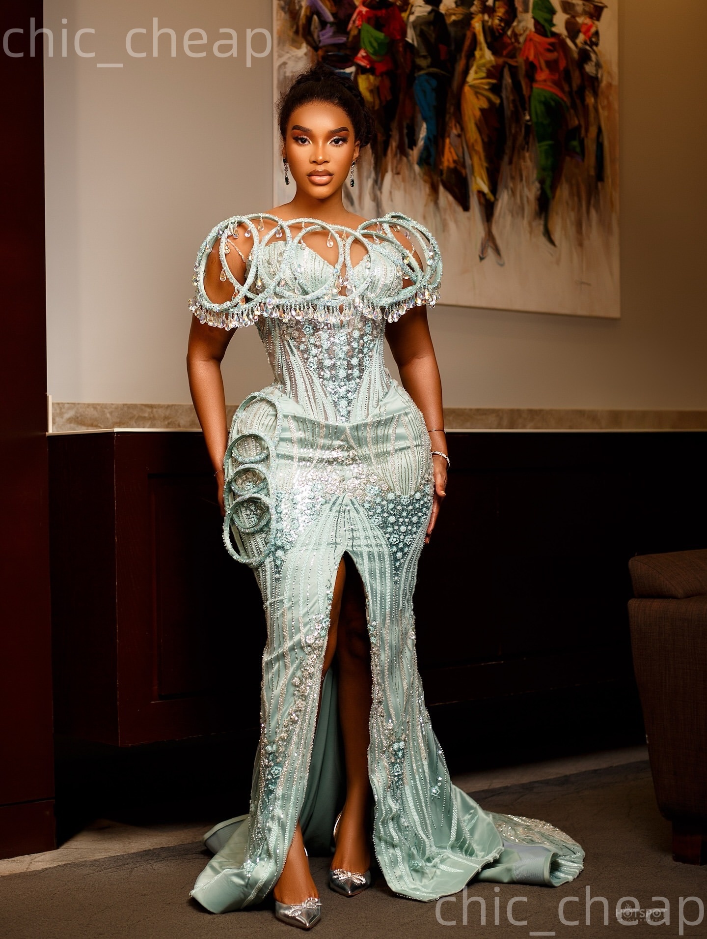 Aso Ebi Sage Mermaid Prom Dresses 2026 Crystals Beaded High Split Sequined Evening Formal Party Second Birthday Engagement Gowns Dress For Special Occ