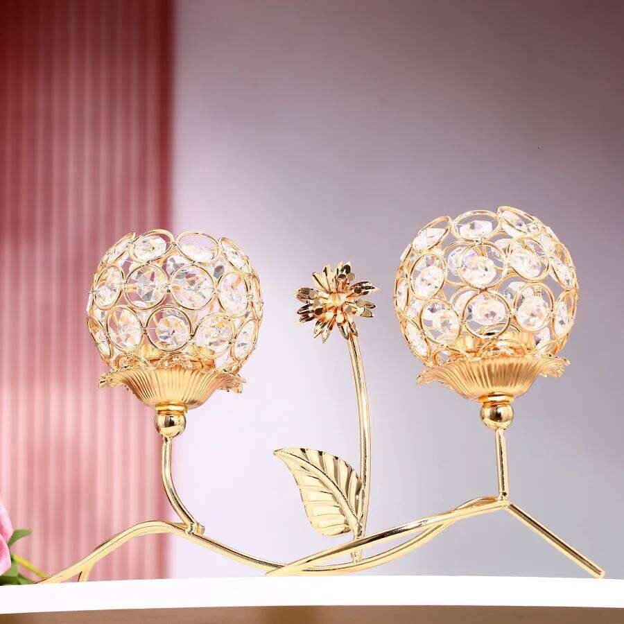 1pc Golden Crystal Candle Holder Dual-head Flower Candlesticks for Dining Coffee Table Wedding Events Parties Home Decor Y260131