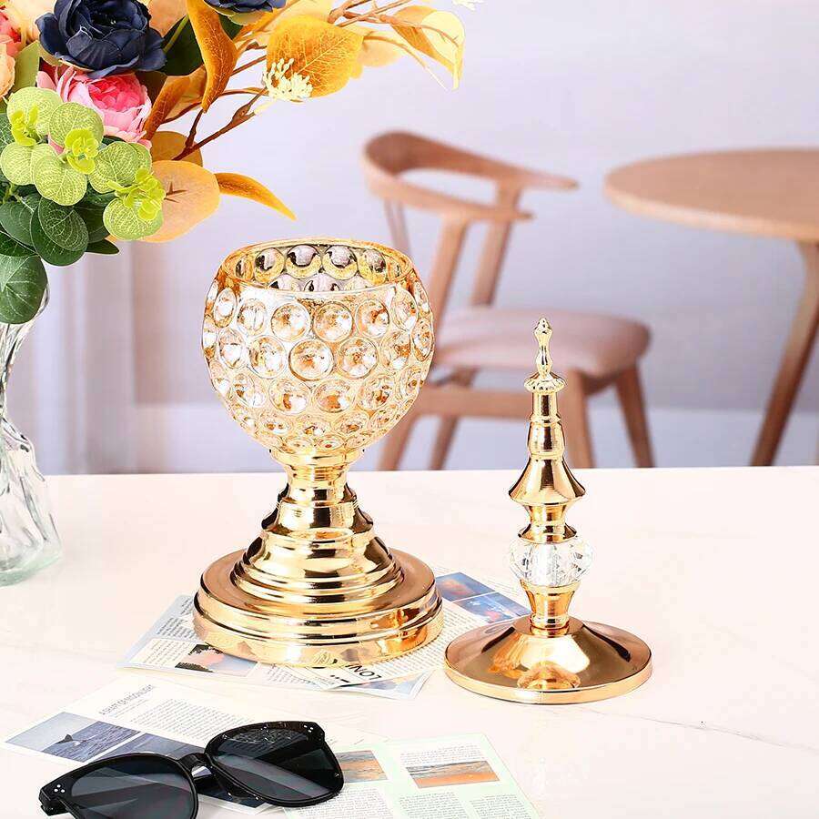 1pc Crystal Golden Candle Holder Candlestick Home For Dining Table Decor Weddeing Ramadan Incense burner Y260131