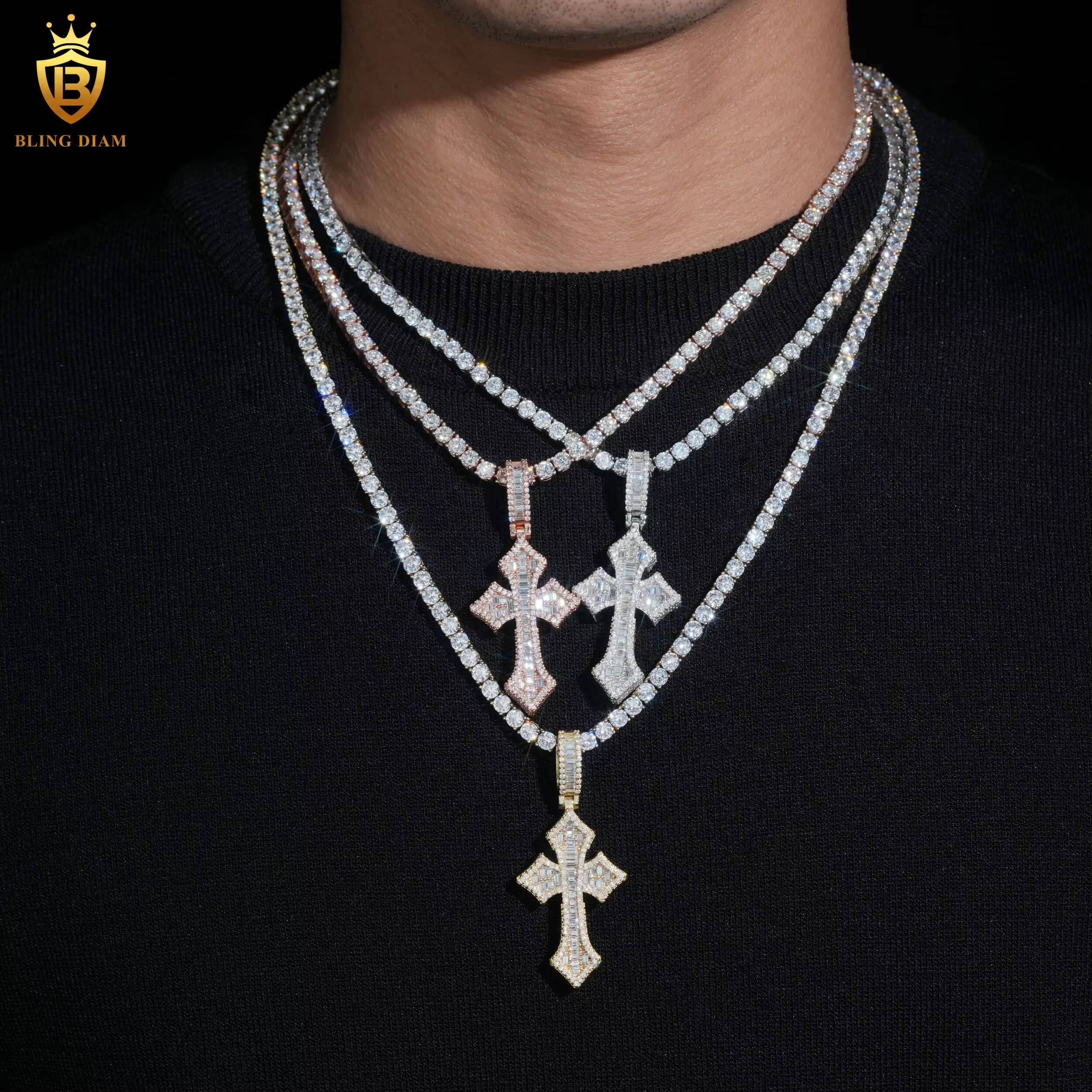 Cross Pendant Charms Baguette Moissanite 925 Sterling Silver Plated Cross Pendant Moissanite GRA Certified Pass Diamond Tester