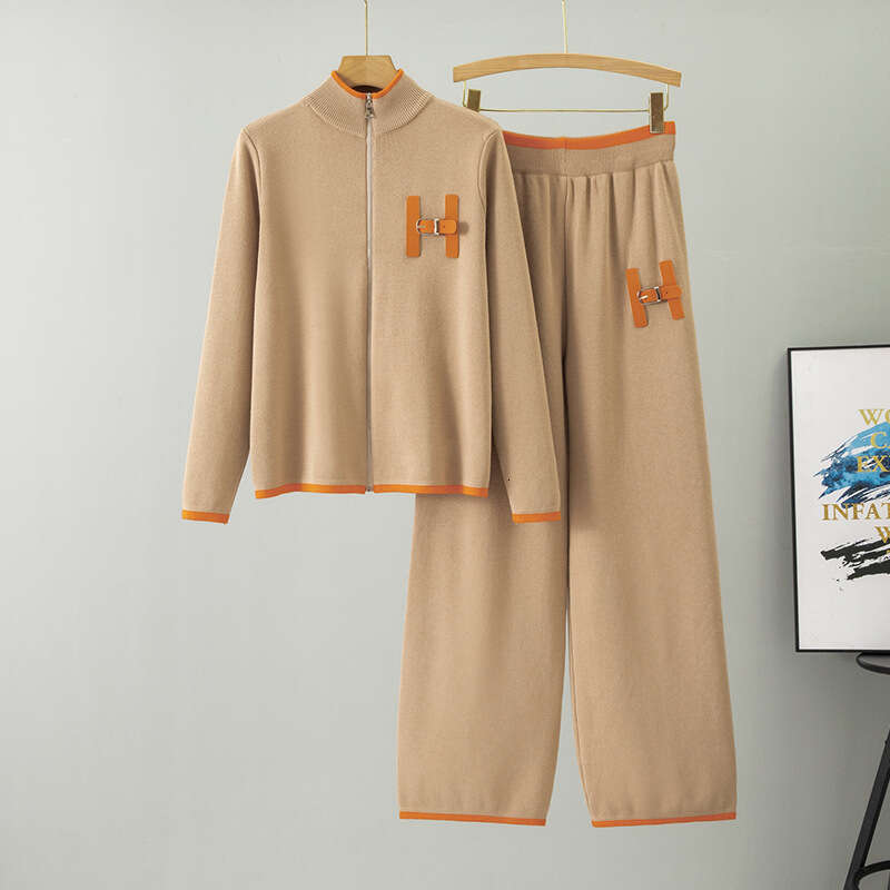 Cross-Border Foreign Trade Straight-Leg Wide-Leg Pants Casual Fashion Two-Piece Set Women's Autumn New Knitted Zipper Cardigan Suit