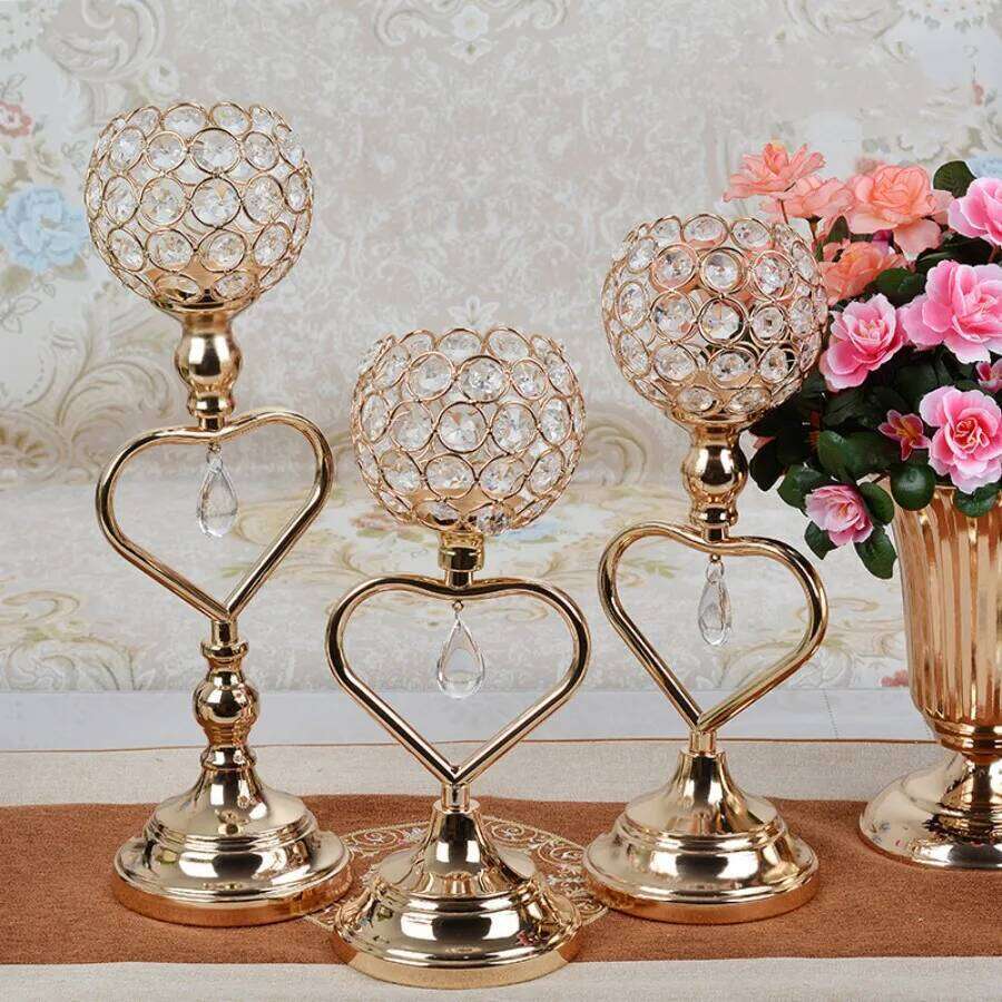 Golden Crystal Votive Holder Dwarf Tealight Candle Holders, Iron Heart Small Vintage Candlestick Set for Tabl Y260131