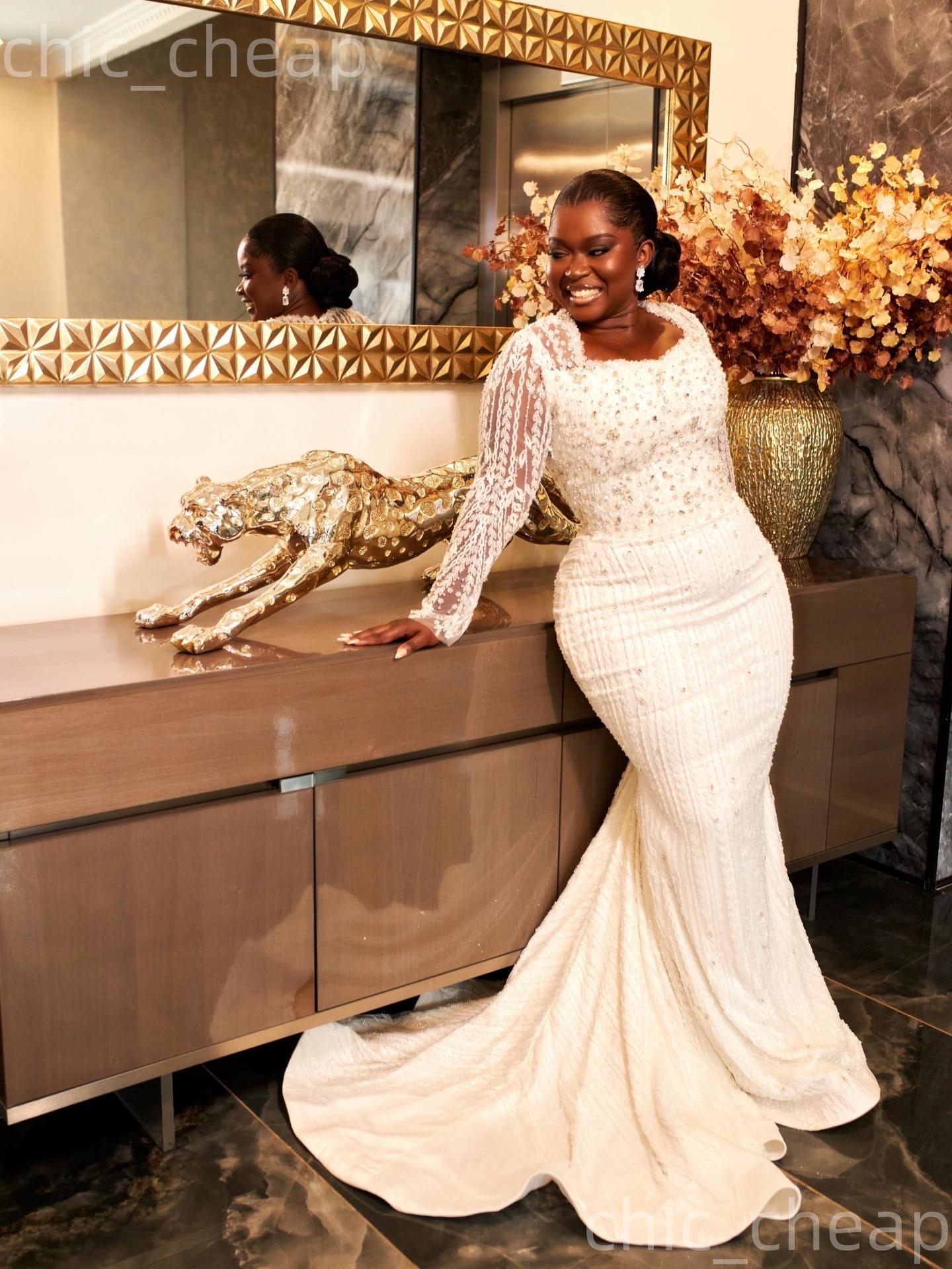 African Aso Ebi 2026 Ivory Mermaid Wedding Dress Square Crystals Full Sleeves Sequined Lace Vintage Sparkly Bridal Gowns Dresses ZJ266