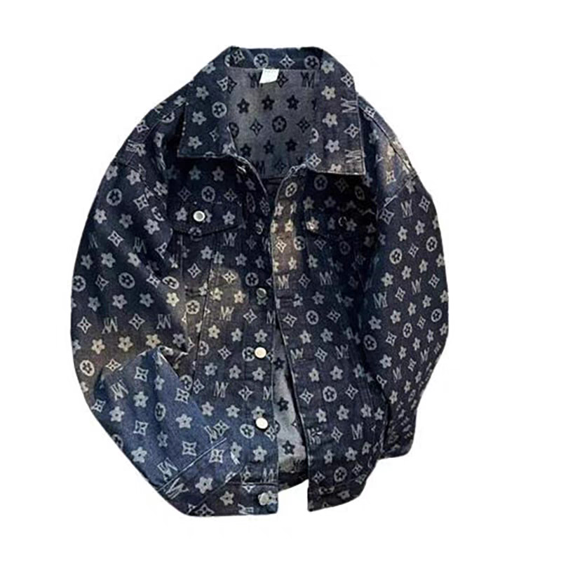 2026 Men's American Vintage Jacquard Denim Jacket, Retro Pattern Casual Coat, Relaxed Fit Spring & Autumn Outerwear