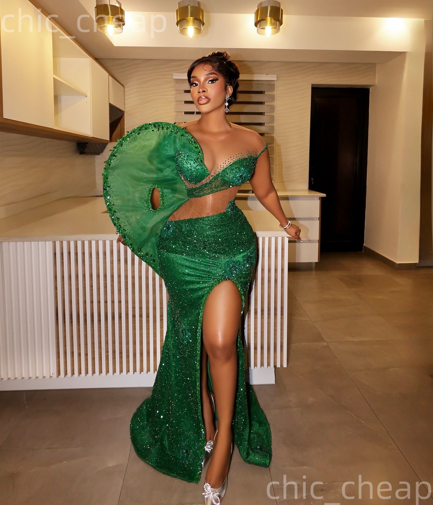 Aso Ebi Green Mermaid Prom Dresses 2026 High Split Beaded Crystals Sequined Evening Formal Party Second Birthday Engagement Gowns Dress For Special Oc