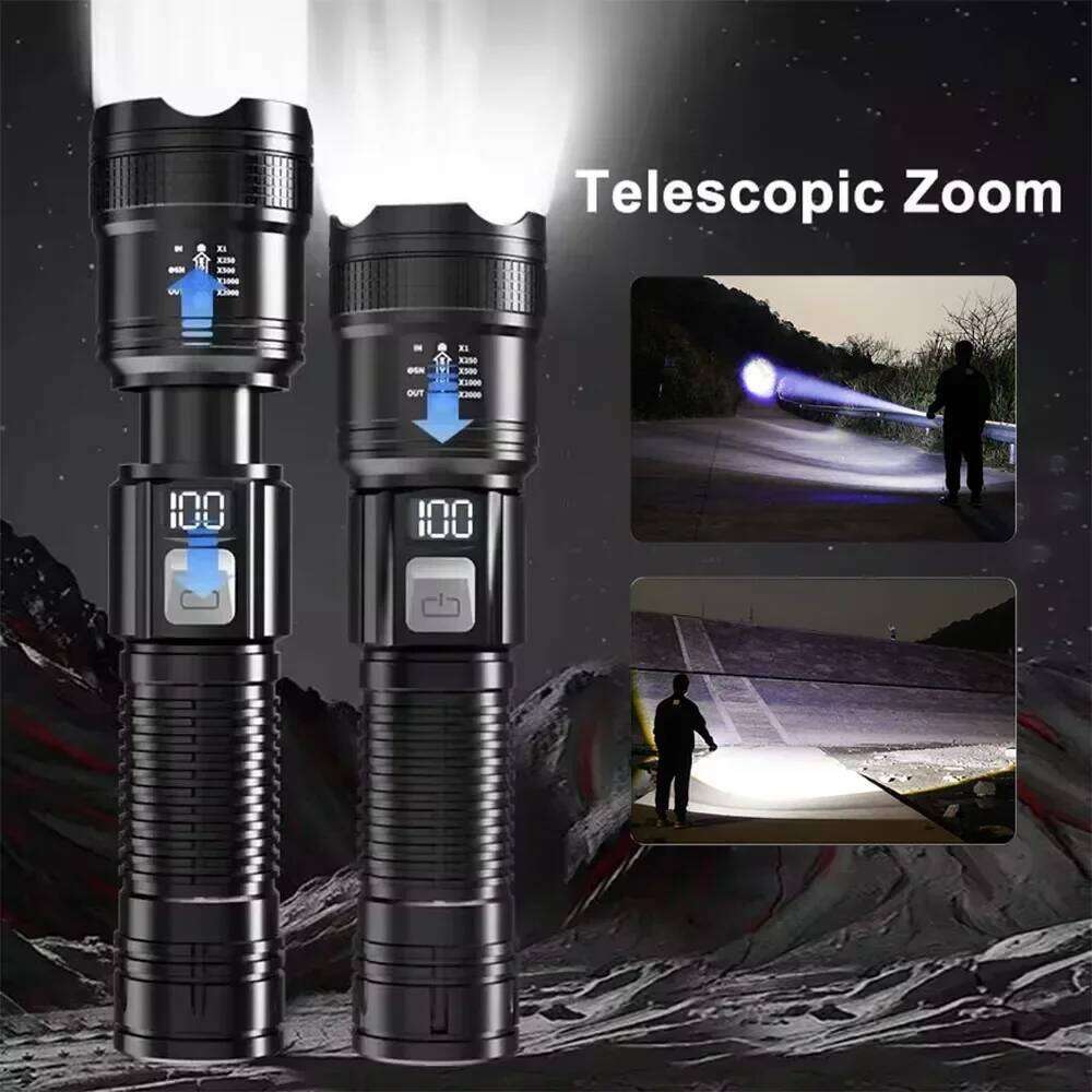 High Strong Power Led Flashlights 100000LM Tactical Torch with Display Light USB Charging Camping Fishing Defensa Zoom Lantern H260131
